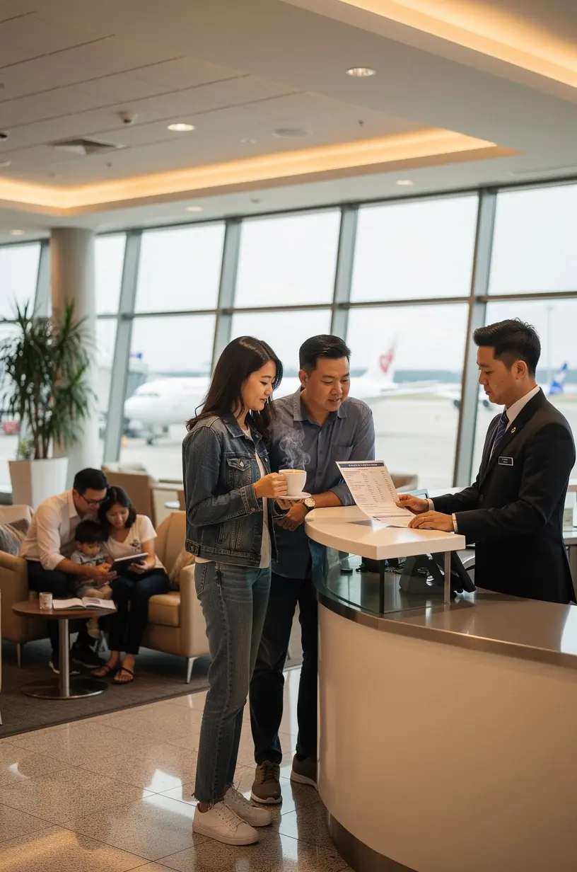 Интерьер современного аэропорта с расположенными рядом киосками для самостоятельной печати туристических маршрутов по США