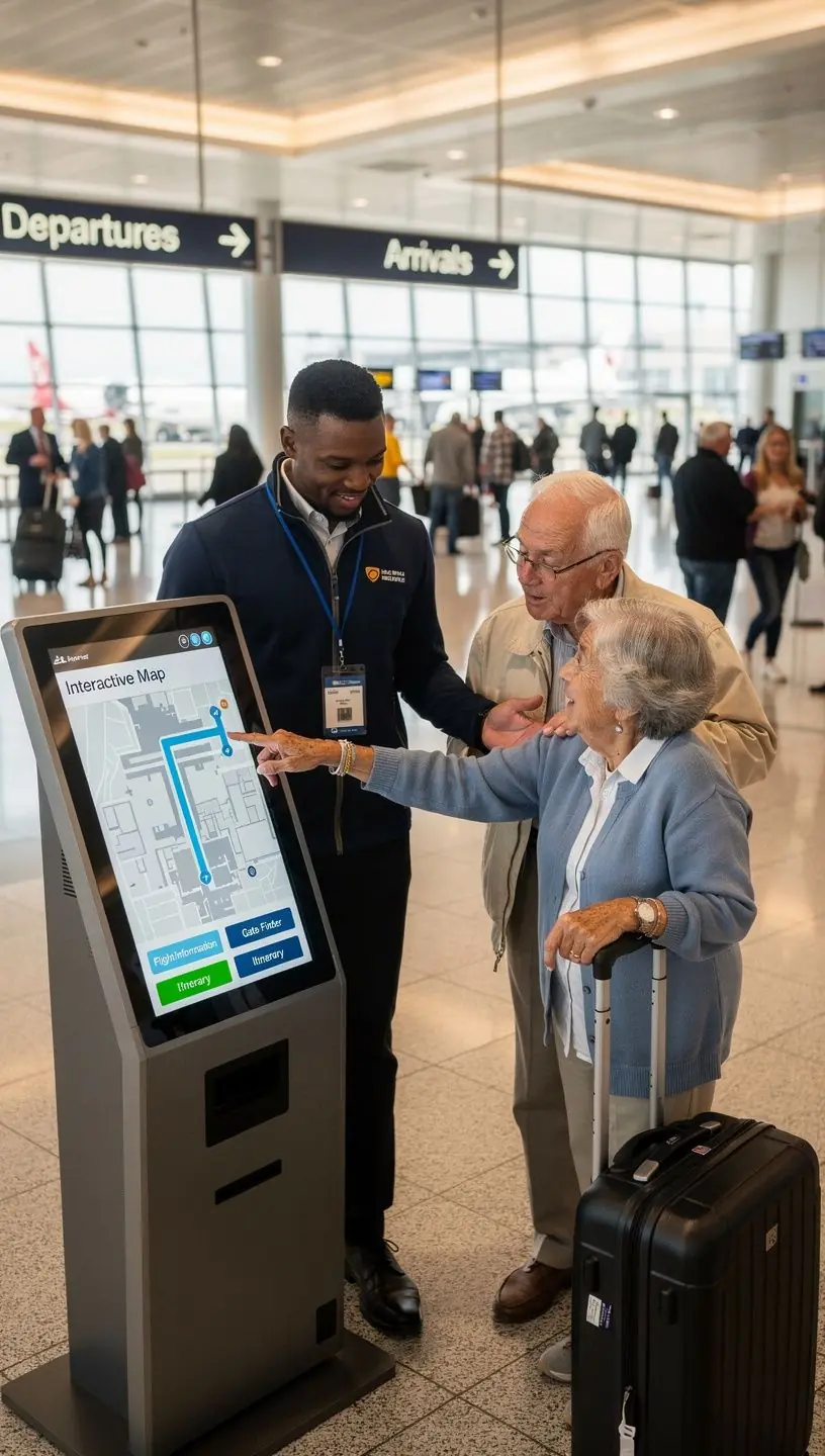 Сотрудник аэропорта консультирует путешественника у киоска, предлагающего персонализированные планы путешествий по территории США